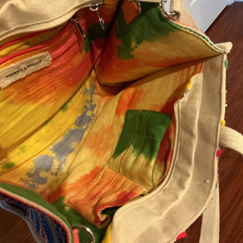 America & Beyond Chevron Boho Multicolor Pom-Pom Embroidered Crossbody Tote Bag - Picture 5 of 8